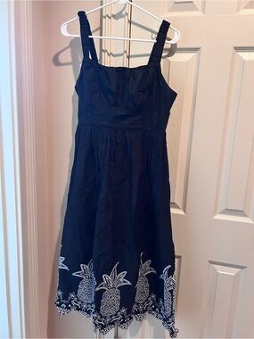London Times Navy Dress with White Pineapple Embroidery